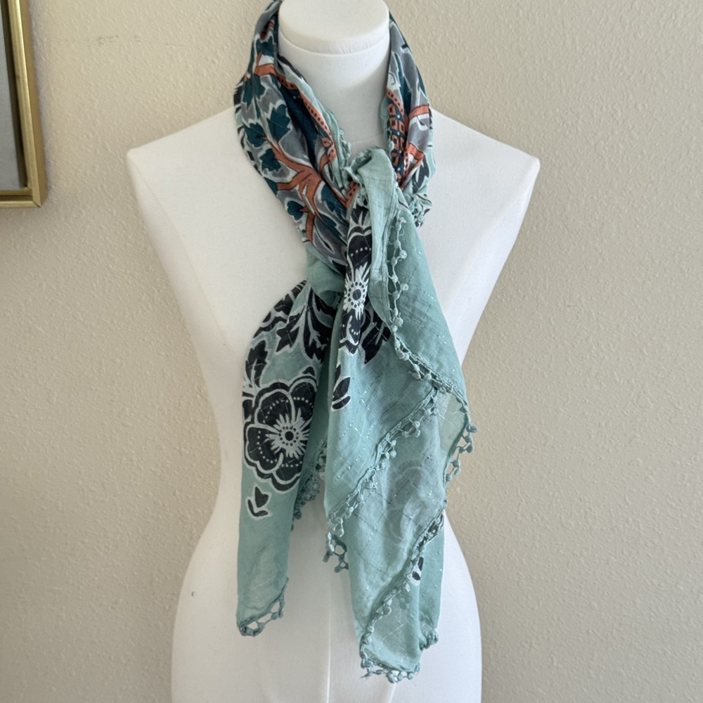 Boho Scarf Blue Coral Floral Metallic Cotton Fringe Festival Hippie India New - Picture 2 of 4